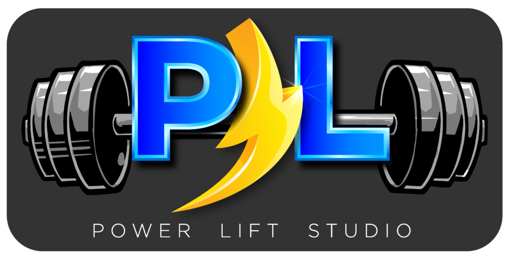 Power Lift Studio Logo with blue P and L and black background